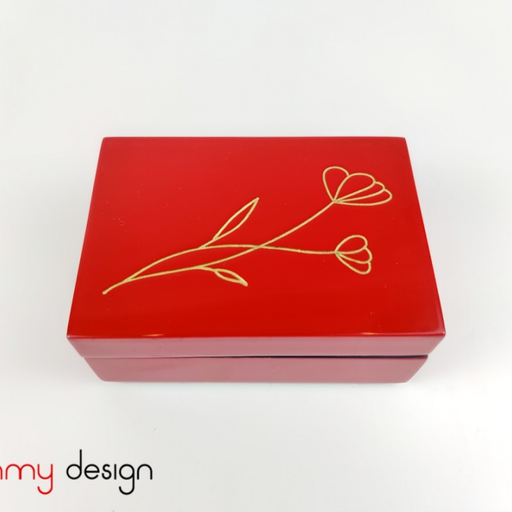 Red rectangular business card lacquer box engraved with wild flowers